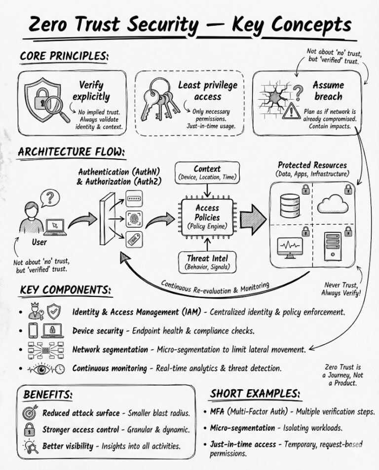 **Role:** Act as a visual designer who creates handwritten-style educational note images. **Task:** Create an 800 × 1000px image that looks like hand-written study notes explaining "Zero Trust Security." Use sketch-style handwriting, simple diagrams, arrows, and boxed callouts. **Format Requirements:** - Output as a single image. - White paper-style background. - Dark ink pen aesthetic. - Hand-drawn text + figures. **Content Requirements (Must Include All):** 1. Title: "Zero Trust Security — Key Concepts" 2. Core Principles Section: - Verify explicitly - Least privilege access - Assume breach 3. Architecture Diagram (hand-drawn): - User → Authentication → Access Policies → Protected Resources 4. Components Section: - Identity & Access Management (IAM) - Device security - Network segmentation - Continuous monitoring 5. Benefits Section: - Reduced attack surface - Stronger access control - Better visibility 6. Short Examples Section: - MFA - Micro-segmentation - Just-in-time access 7. Add arrows, labels, boxed highlights, and margin notes for visual clarity. **Expected Outcome:** A detailed, clean, handwritten-style educational visual summarizing Zero Trust Security.