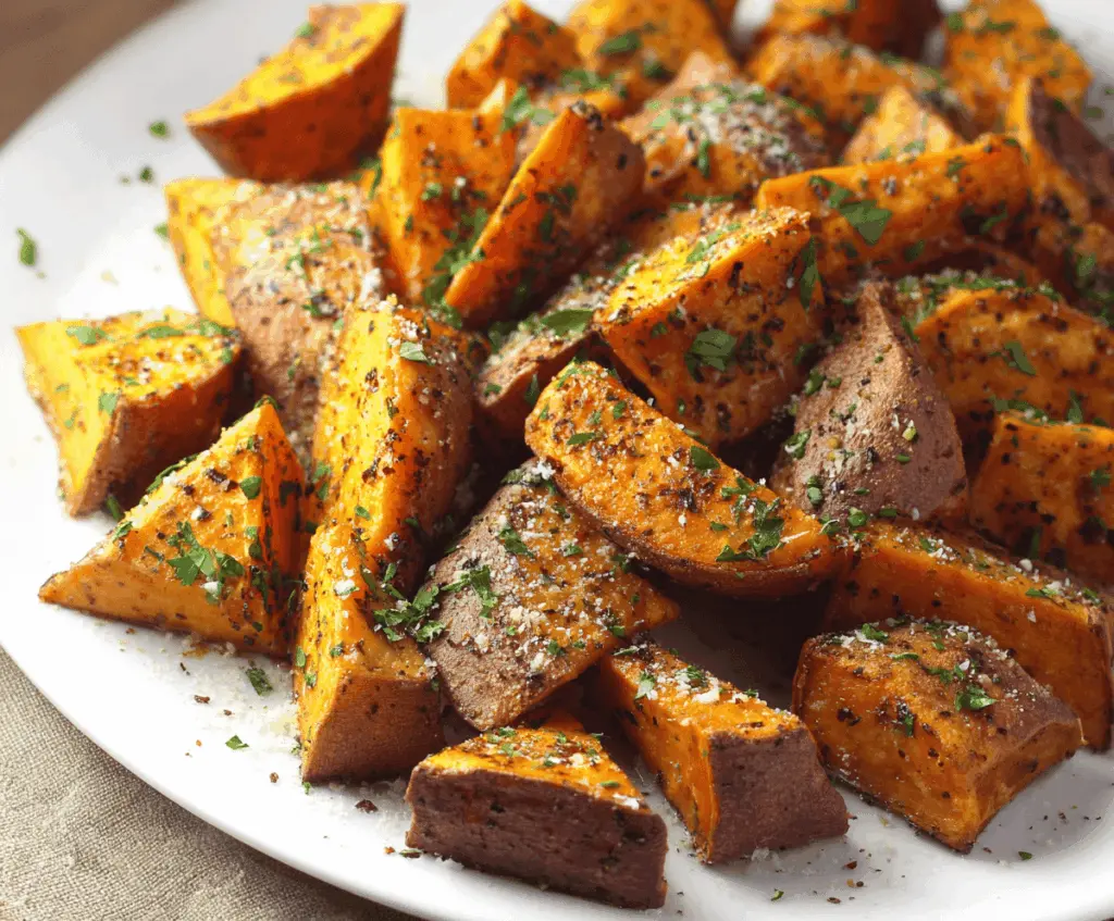 Easy Roasted Sweet Potatoes with Herbs and Parmesan